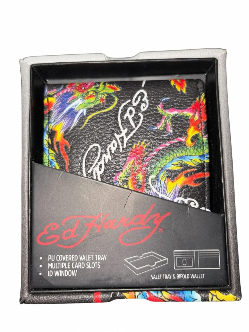Ed Hardy Wallet Black Bifold Eagle Vegan Leather Logo Streetwear vallet case
